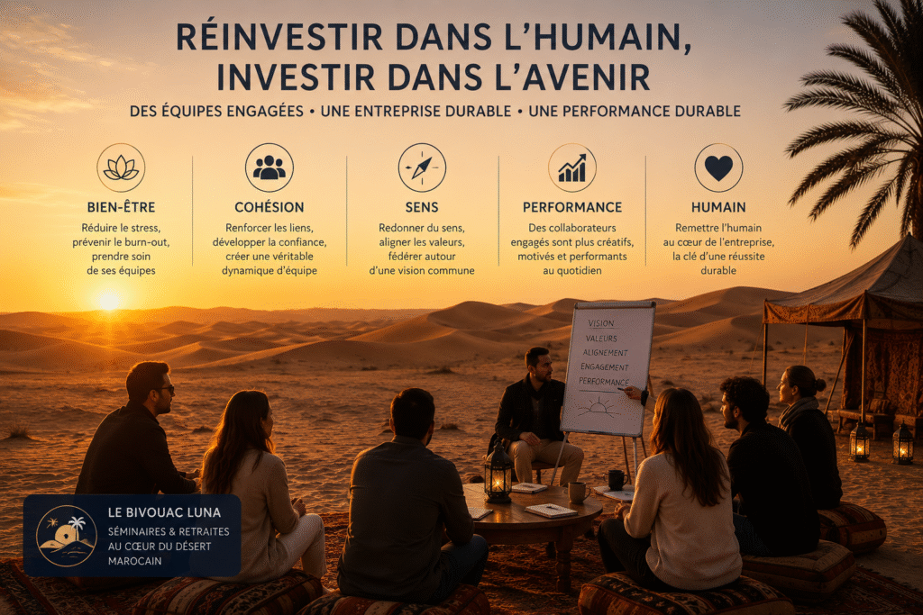 Illustration d’un séminaire d’entreprise au Bivouac Luna dans le désert marocain