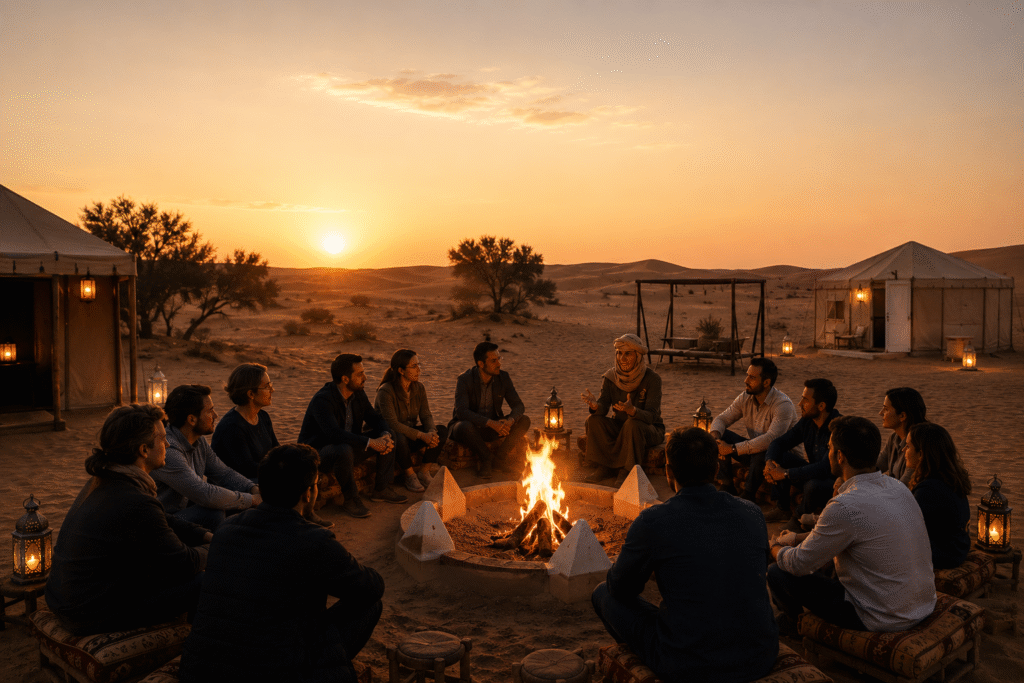 soirée autour du feu au bivouac luna avec ses collègues de travail
