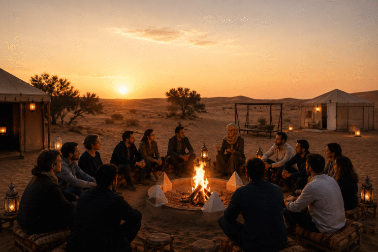 soirée autour du feu au bivouac luna avec ses collègues de travail