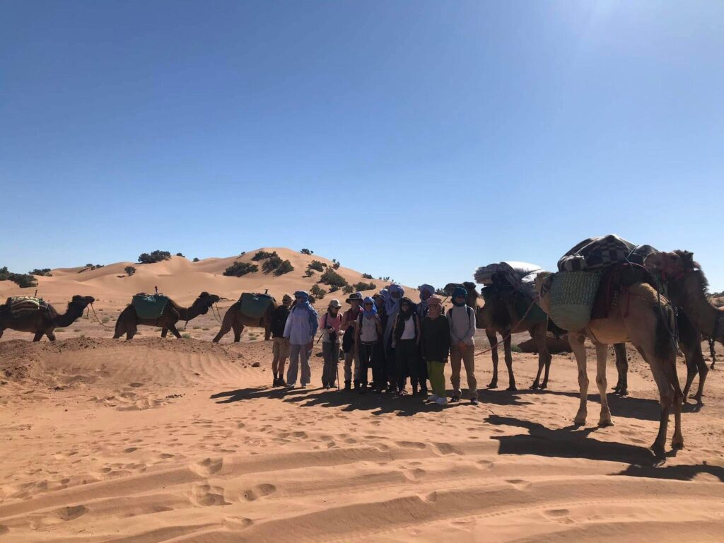 Voyageurs à dos de dromadaire vers le Bivouac Luna près de M’Hamid