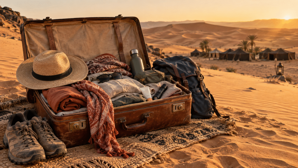 Valise prête pour un séjour dans le désert marocain avec chèche, chapeau, gourde, lunettes et vêtements légers